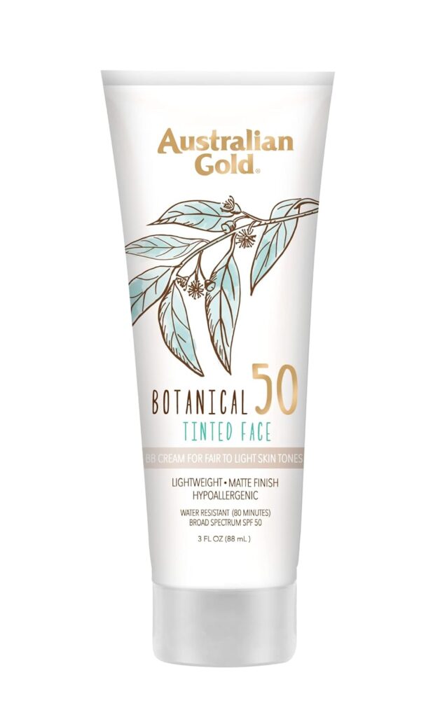 Australian Gold Botanical Tinted Face Sunscreen SPF 50 with matte finish and eucalyptus leaf design