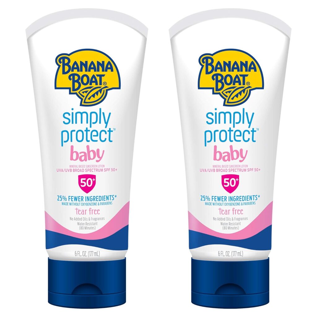 Banana Boat Simply Protect Baby Mineral Sunscreen SPF 50 tubes with tear-free formula for sensitive skin
