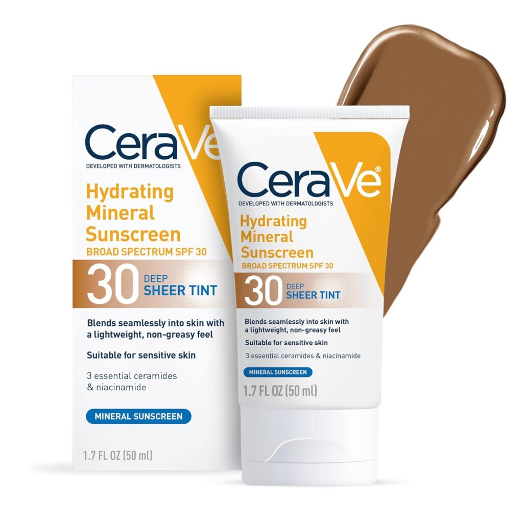CeraVe Hydrating Mineral Sunscreen SPF 30 Deep Sheer Tint with ceramides and niacinamide shown with texture