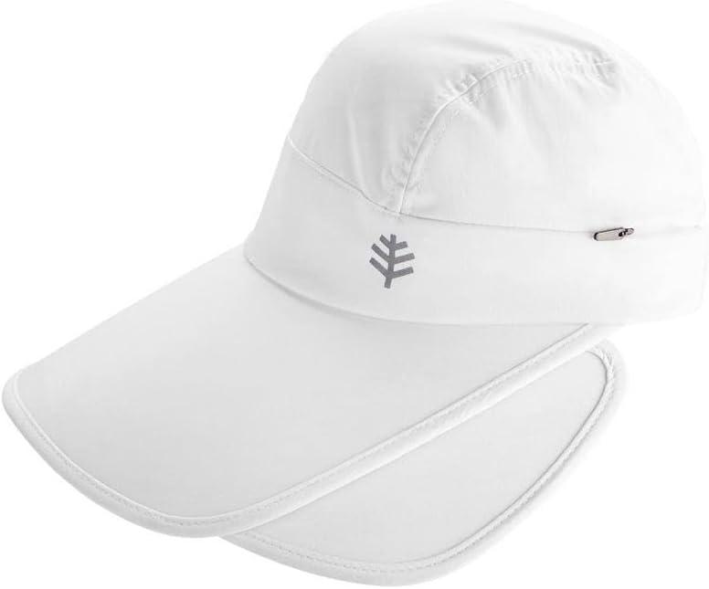 White UPF 50+ coolibar cap with removable sun protection flap for versatile coverage options