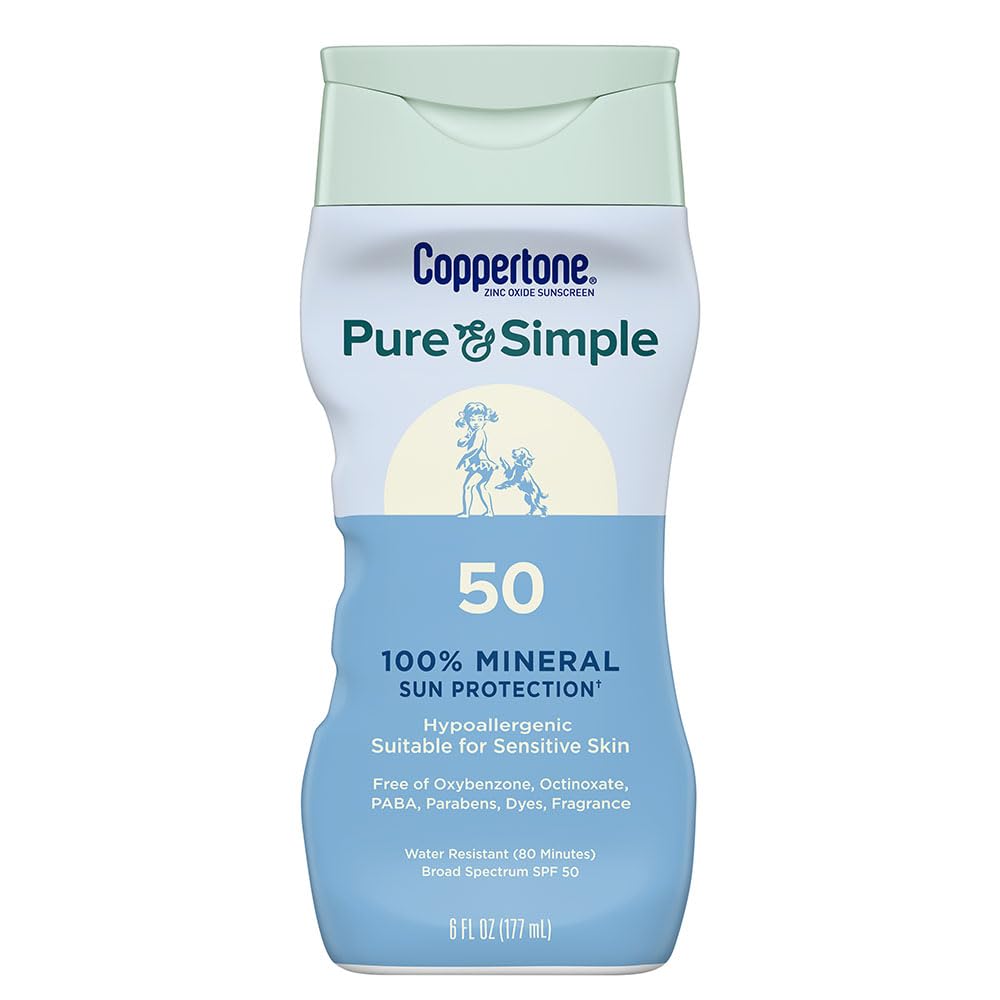 Coppertone Pure and Simple 100% Mineral Face Sunscreen SPF 50 for sensitive skin in blue bottle
