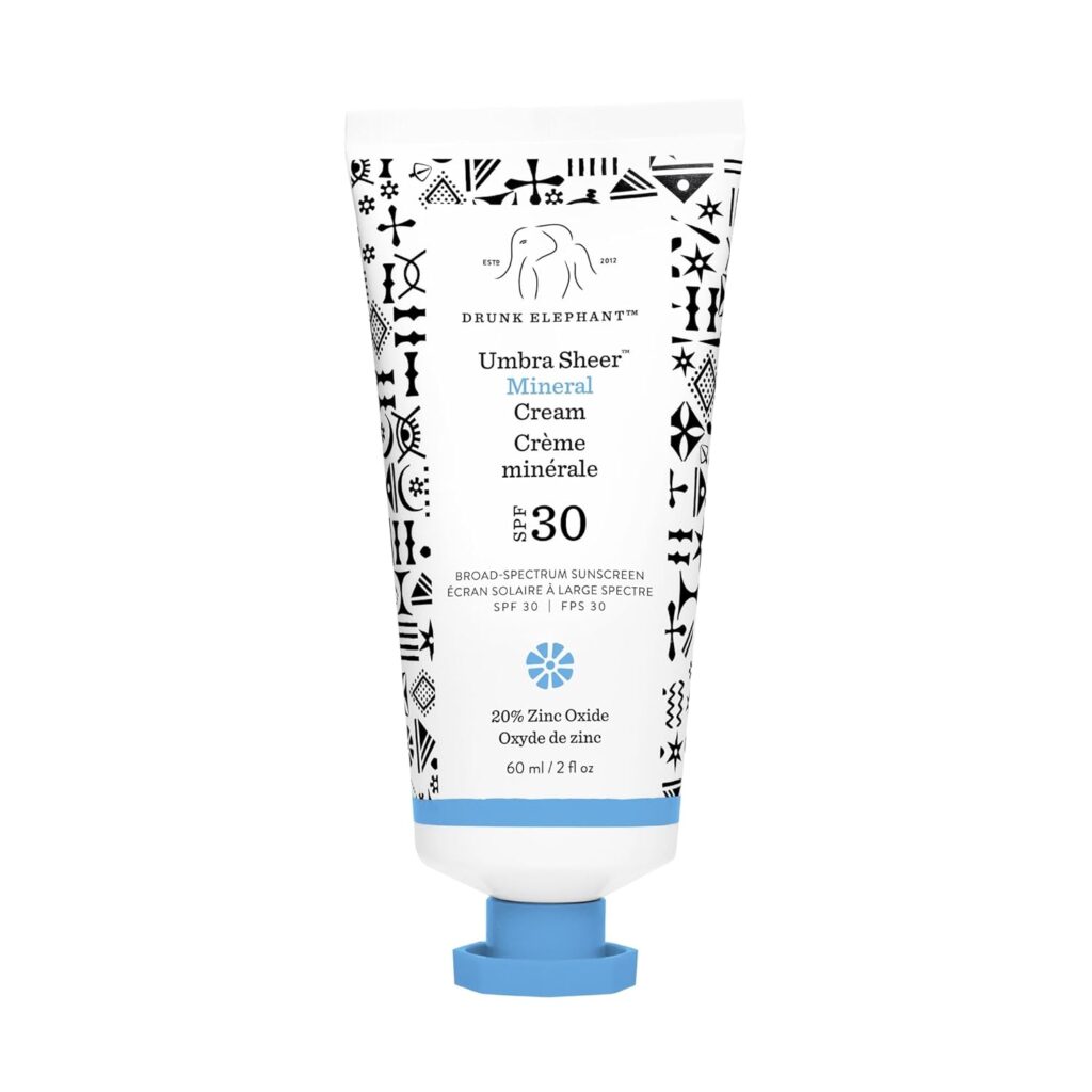 Drunk Elephant Umbra Sheer Mineral Cream SPF 30 with distinctive black and white patterned packaging