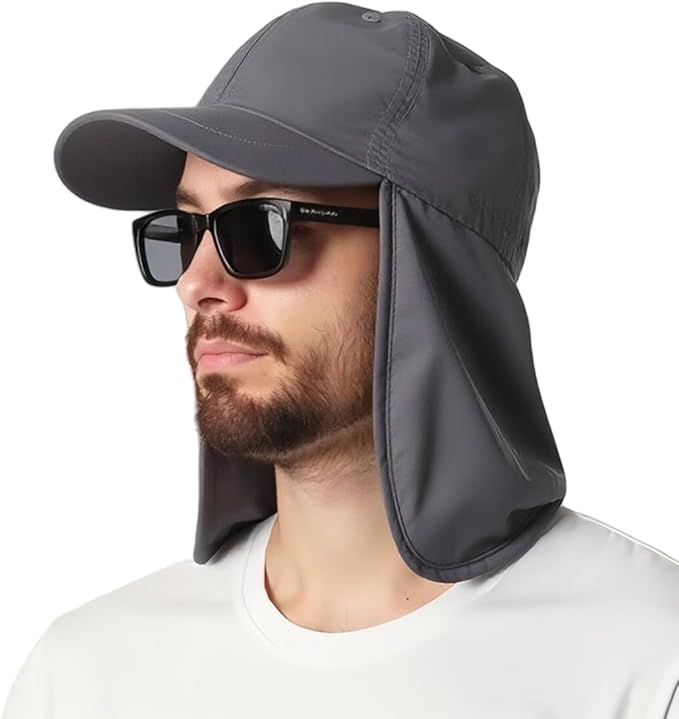 EINSKEY  Gray sun protection cap with detachable neck flap for men offering 360-degree UV coverage