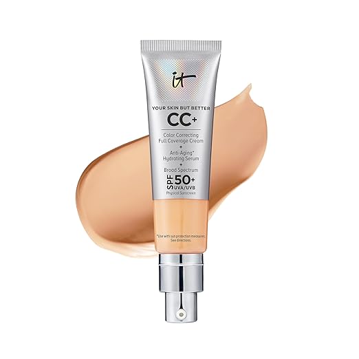 IT Cosmetics CC+ Cream with SPF 50 color correcting full coverage cream showing product texture and packaging