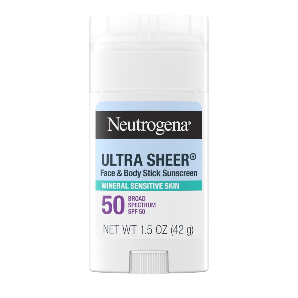 Neutrogena Ultra Sheer Dry Touch SPF 50 Mineral Sunscreen Stick for Sensitive Skin, Zinc Oxide, Body & Face Sunscreen