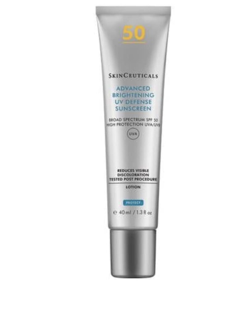 SkinCeuticals Advanced Brightening UV Defense Sunscreen SPF 50 in silver tube for reducing discoloration