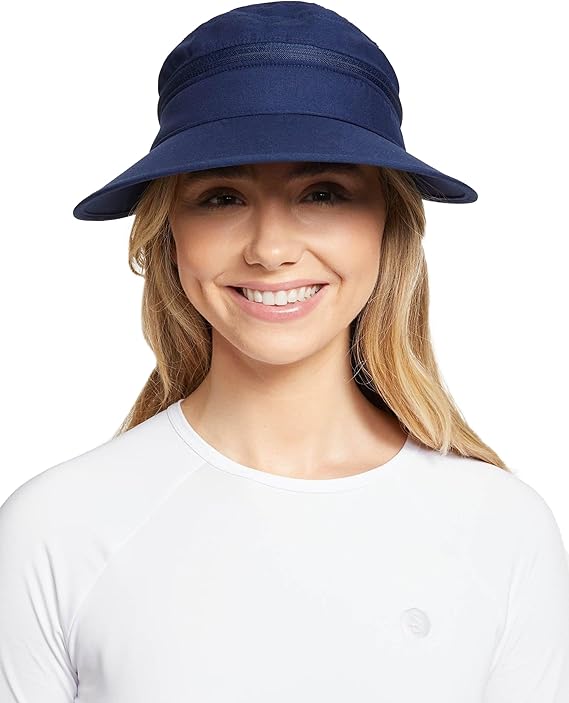 Navy blue Solbari UPF 50+ sunscreen visor with wide brim for women providing full face sun protection