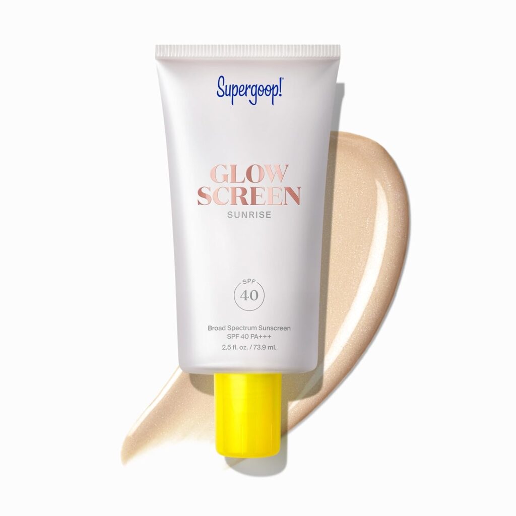 Supergoop Glowscreen Sunrise SPF 40 with illuminating glow and peachy tint shown with texture swatch