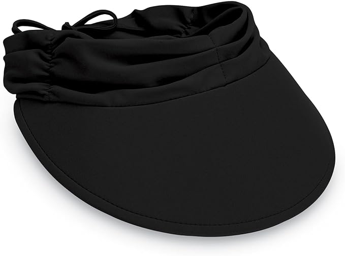 Wallaroo-Womens-Aqua-Visor. Black extra-wide brim sunscreen visor with adjustable ruched back for maximum face coverage