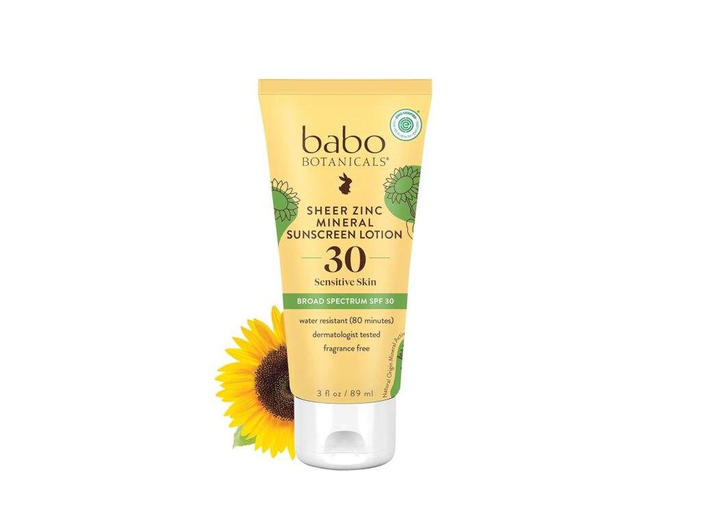 Babo Botanicals sheer zinc mineral sunscreen lotion SPF 30 for sensitive skin - fragrance-free natural sunscreen