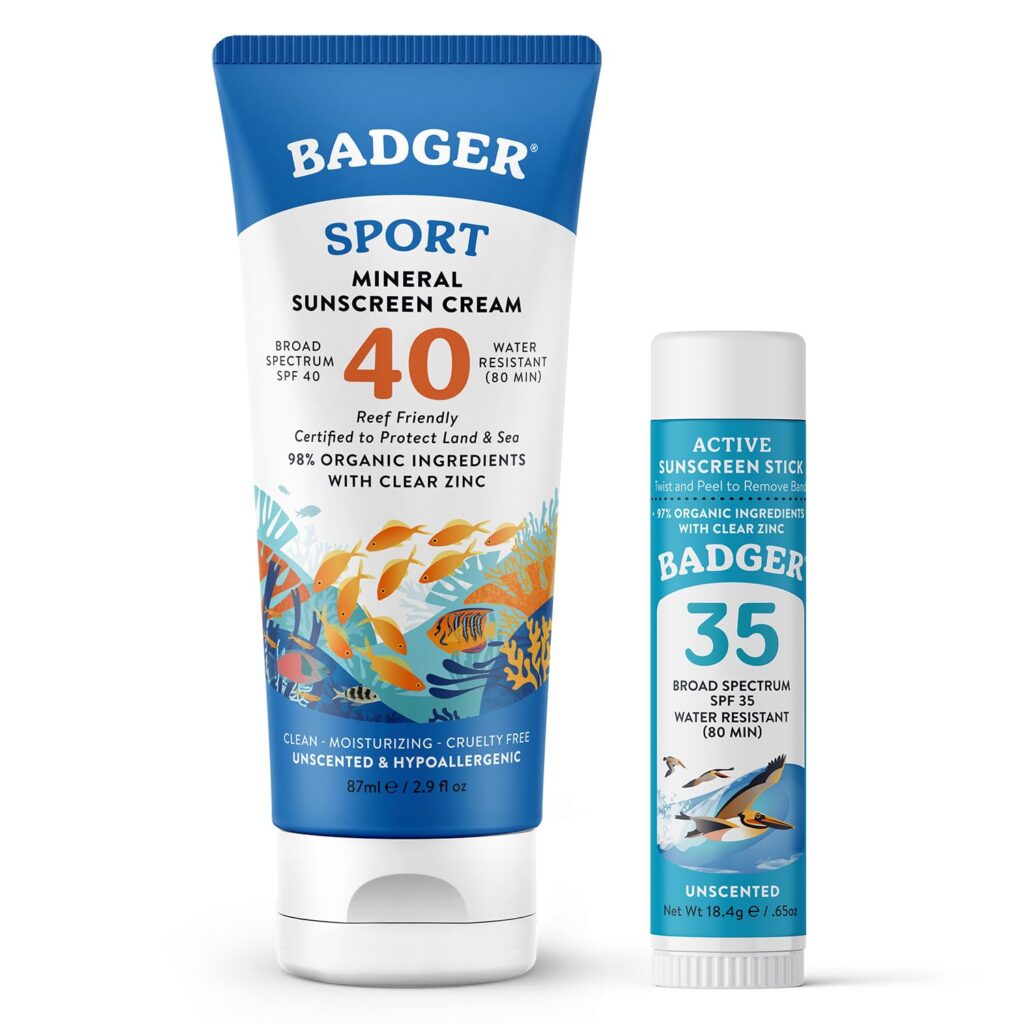 Badger Sport mineral sunscreen cream SPF 40 and active stick SPF 35 - organic reef-safe natural sunscreen for athletes