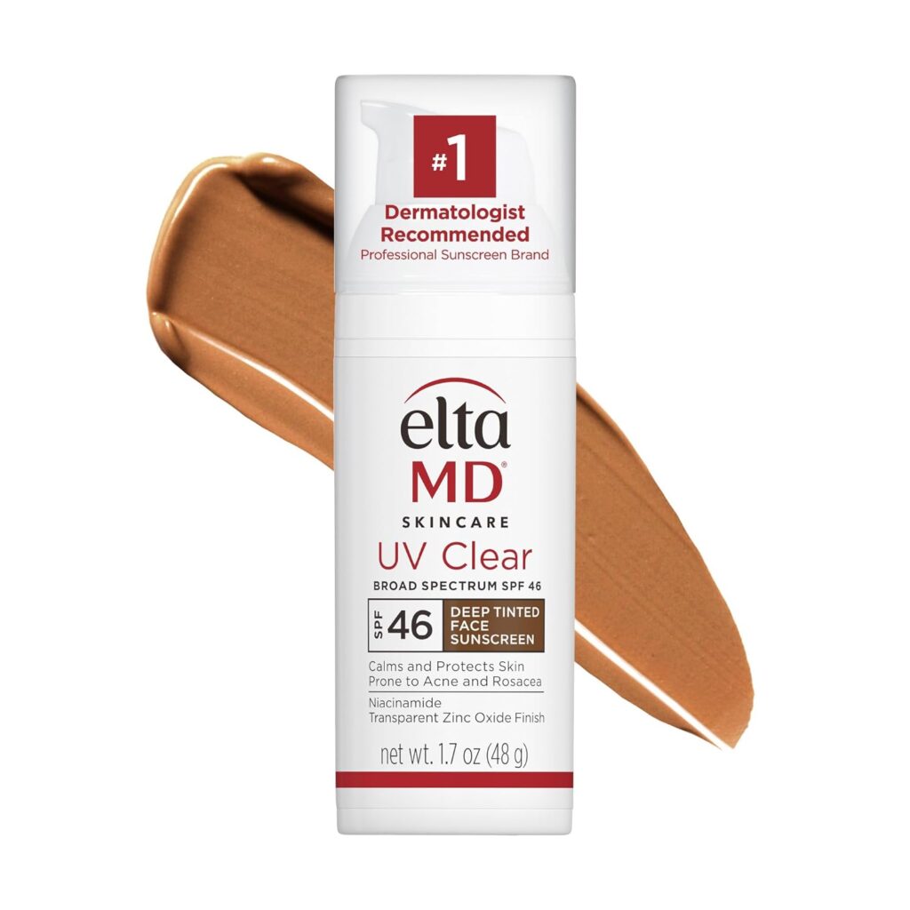Product photo of EltaMD Skincare UV Clear Broad Spectrum SPF 46 Deep Tinted Face Sunscreen. White stick/tube packaging displays '#1 Dermatologist Recommended Professional Sunscreen Brand' badge at top