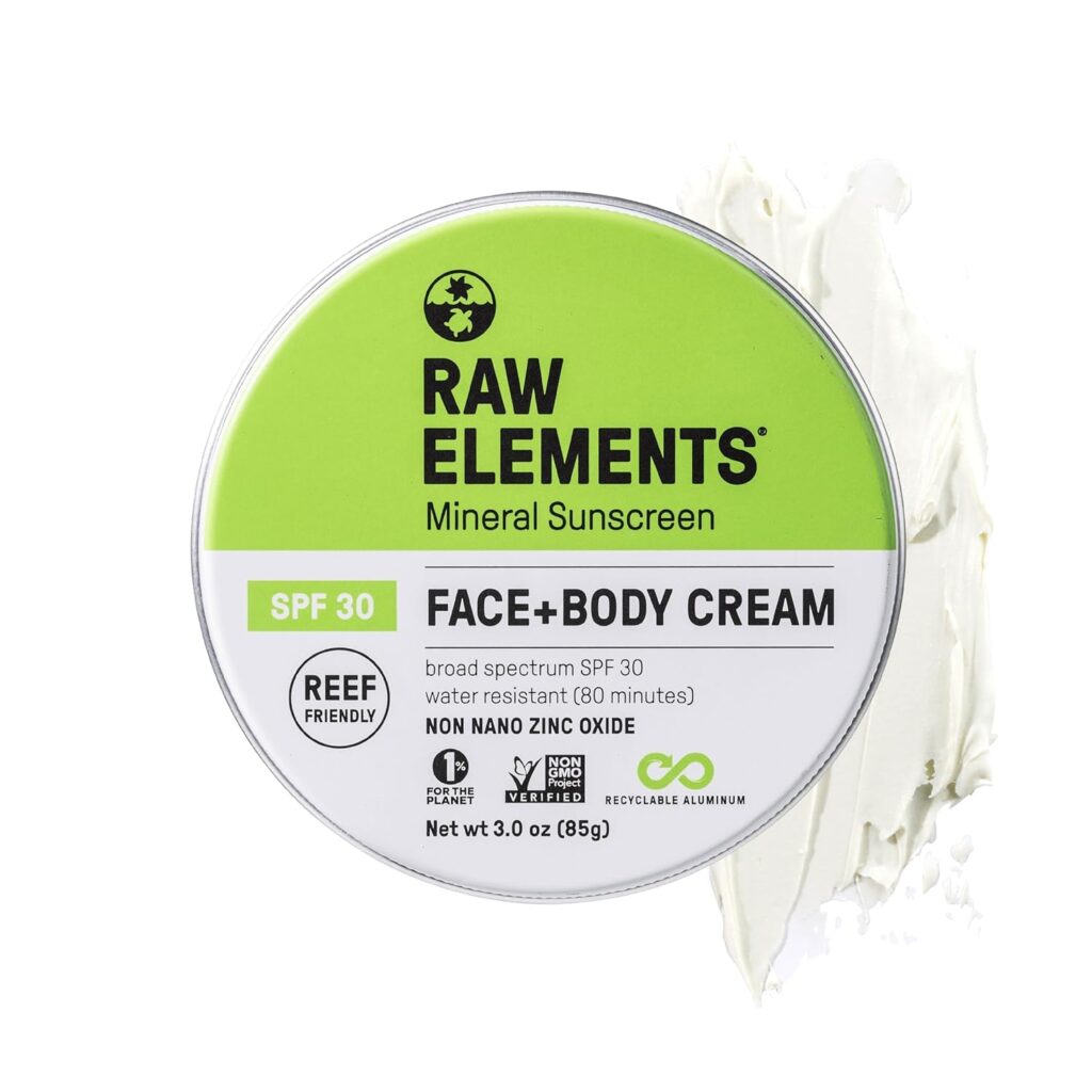 Raw Elements mineral sunscreen SPF 30 face and body cream in eco-friendly tin - reef-friendly non-nano zinc oxide