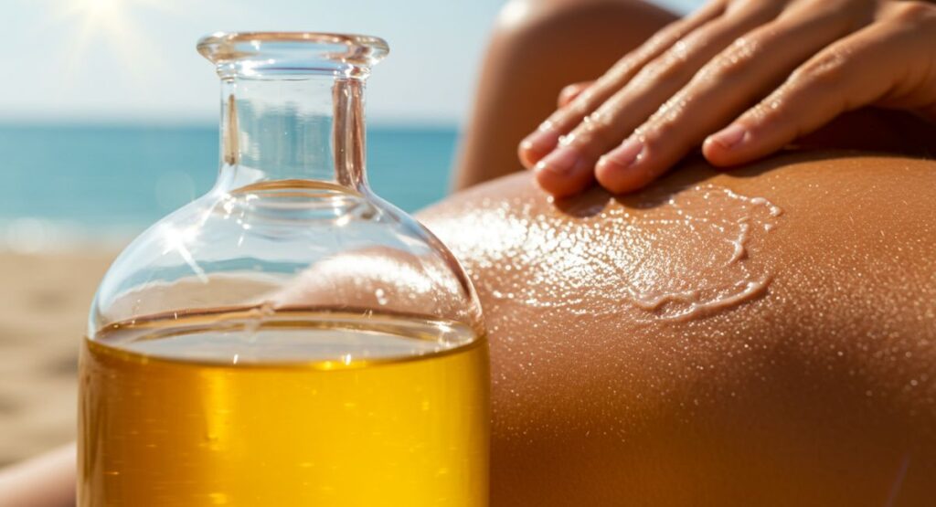 Person applying oil to skin at the beach with bottle in foreground, illustrating why using coconut oil for sun protection is insufficient despite its popularity.