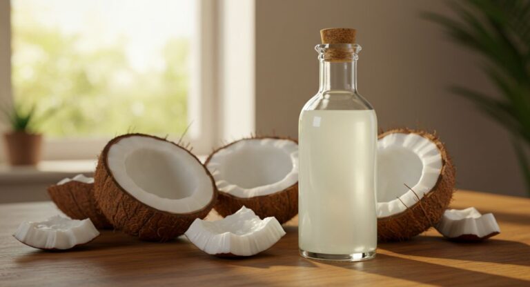 Bottle of coconut oil with fresh coconuts, illustrating the natural product often questioned "is coconut oil good for sun protection?" by skincare enthusiasts