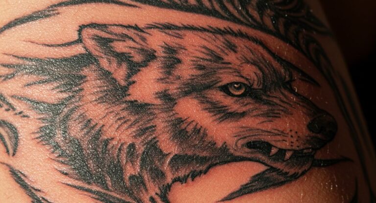 Vibrant red wolf tattoo demonstrating rich coloration that needs proper sun protection to prevent premature fading and maintain detail