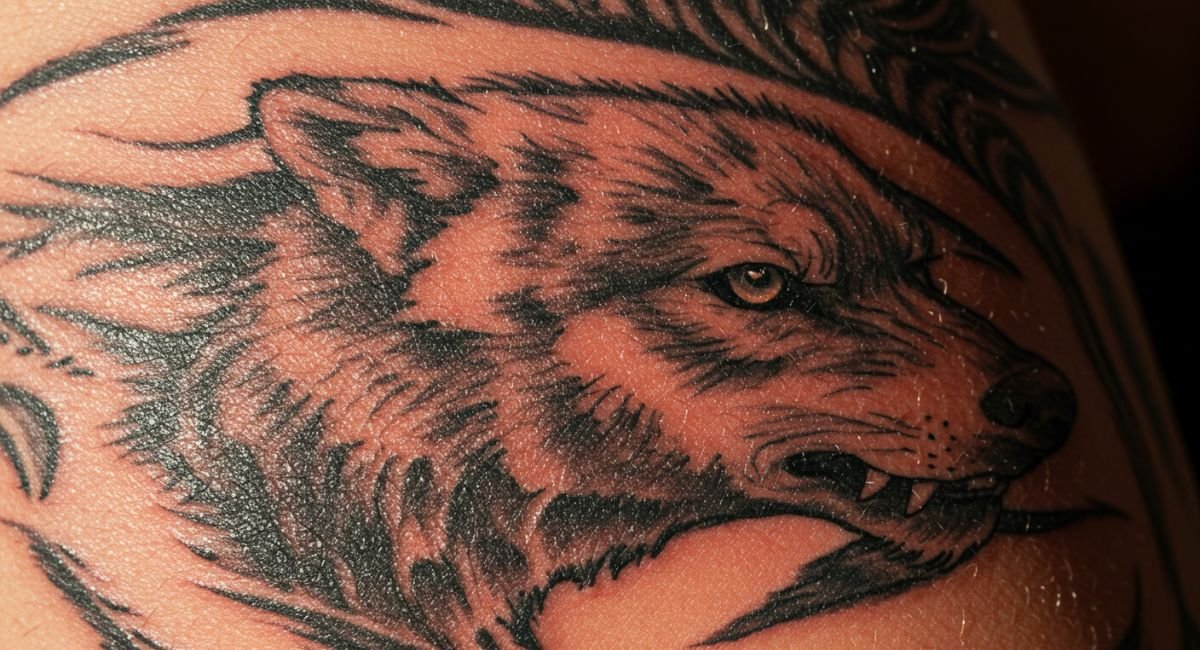 Vibrant red wolf tattoo demonstrating rich coloration that needs proper sun protection to prevent premature fading and maintain detail
