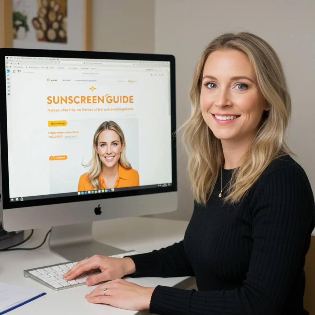Sarah, founder of SunscreenGuide.net, working on sun protection resources at her desk
