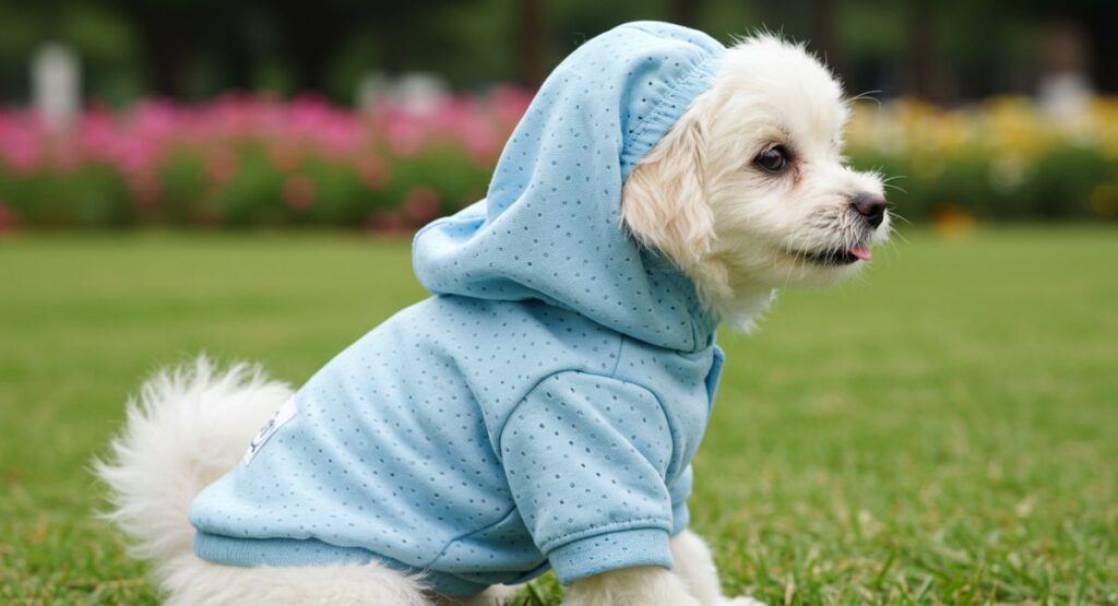 Small white puppy wearing light blue dog sun protection clothing with hood in a garden setting, providing UV defense for pets.