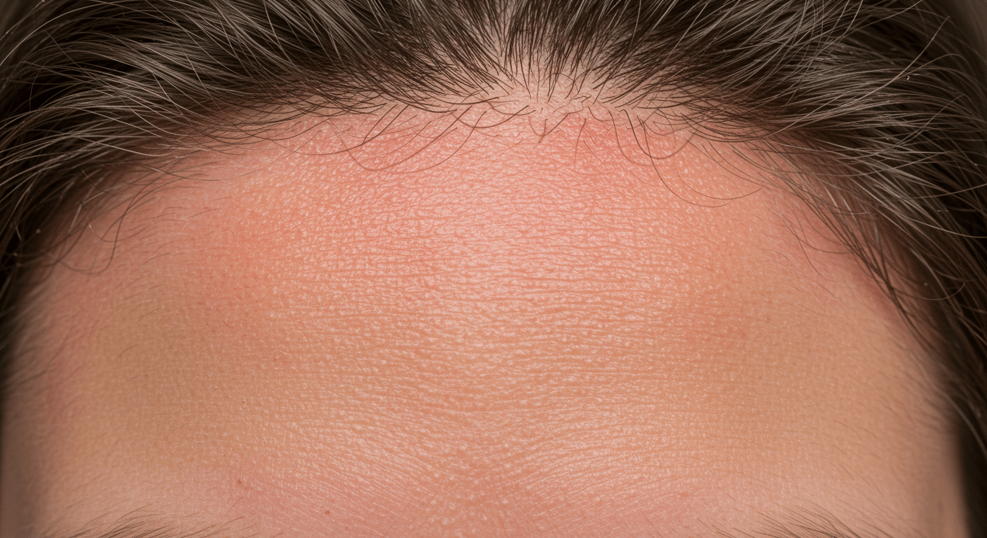 Close-up of reddened sunburned scalp visible through thin hair, showing early symptoms of UV damage