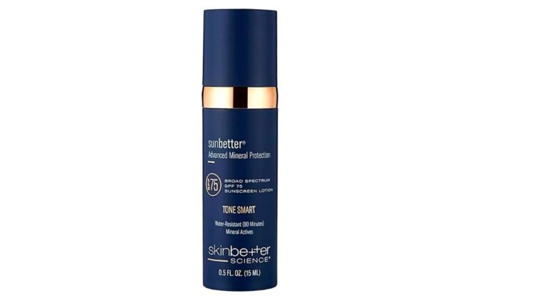 Official Sunbetter sunscreen TONE SMART SPF 75 product in sleek navy blue and gold packaging, 15ml travel size