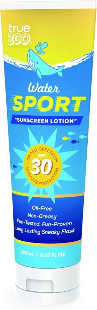 Close-up of TrueZoo Water Sport sunscreen lotion flask with SPF 30 labeling, 150mL capacity for discreet beverage storage