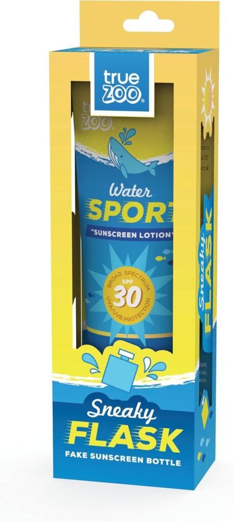 TrueZoo Water Sport SPF 30 sunscreen lotion flask in retail packaging, designed as a discreet alcohol container