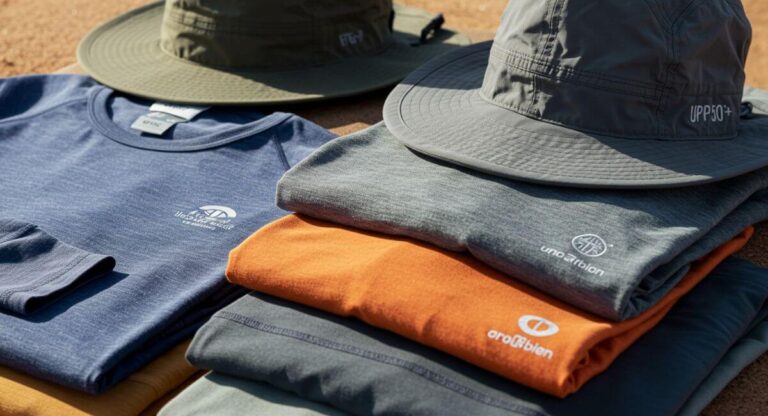 Collection of UPF 50+ sun protective clothing items including specialized sun protective hats and moisture-wicking shirts in various colors