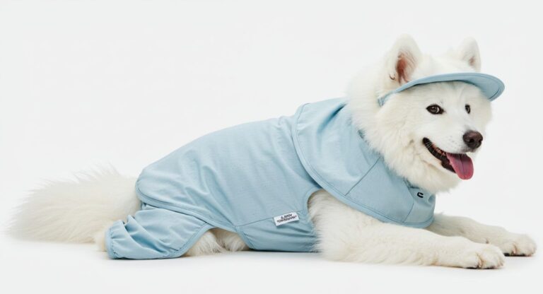 Fluffy white Samoyed dog lying down in light blue sun protection clothing and matching cap, providing comprehensive UV defense for outdoor activities.