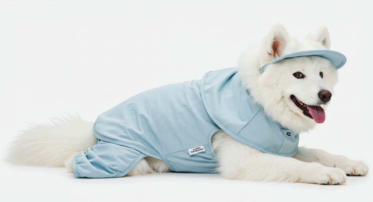 Fluffy white Samoyed dog lying down in light blue sun protection clothing and matching cap, providing comprehensive UV defense for outdoor activities.