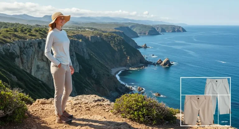 Woman wearing complete sun protection clothing including UPF hat, long sleeve shirt and protective hiking pants while enjoying coastal views