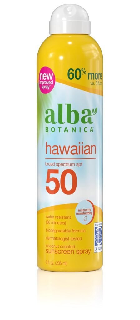 Alba Botanica Hawaiian sunscreen spray SPF 50 in yellow and light blue aerosol can, coconut scented with water resistant formula and 60% more product than 5 fl oz size