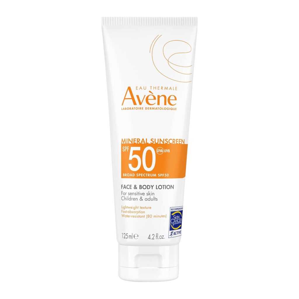 Avène Mineral Sunscreen SPF 50 Face & Body Lotion tube, white packaging with orange branding, 125ml size, formulated for sensitive skin including children and adults with 80-minute water resistance