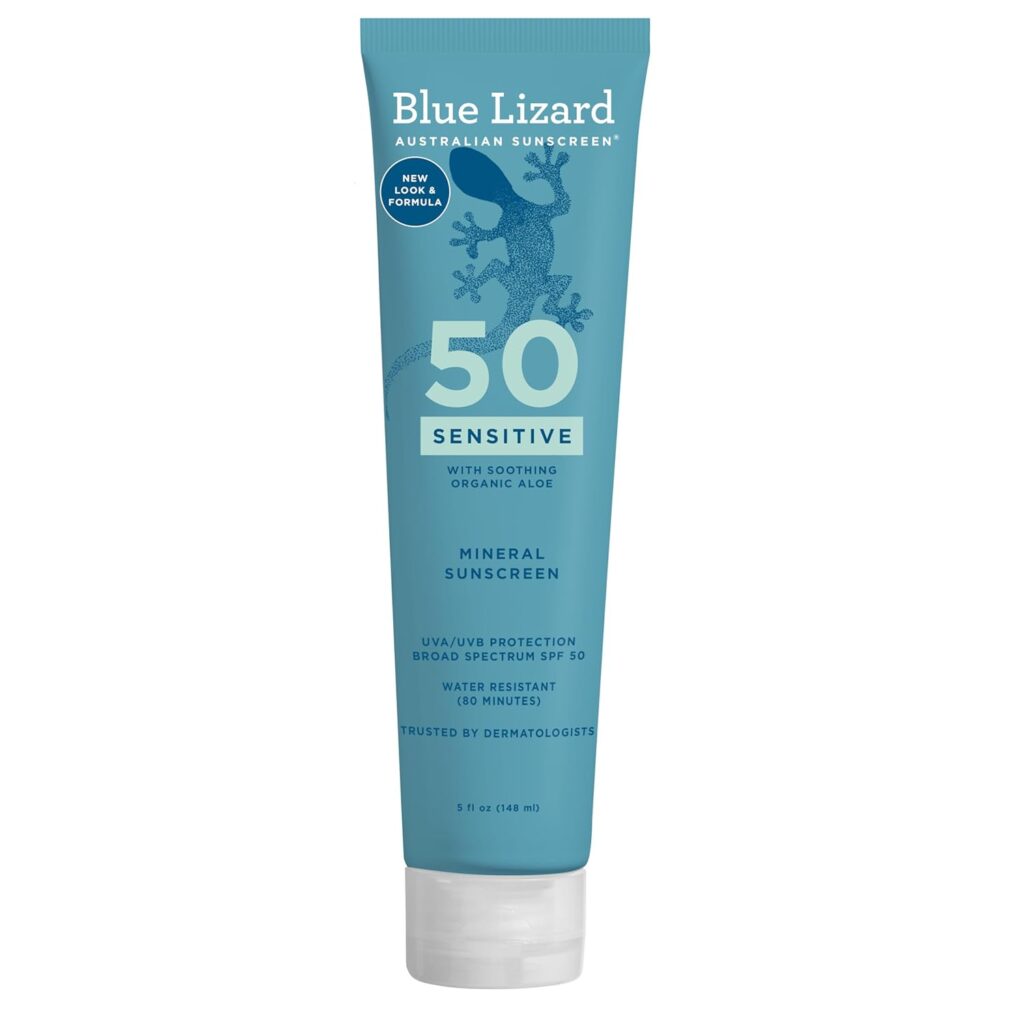 Blue Lizard Australian Sunscreen Sensitive SPF 50 in teal blue tube packaging with lizard logo, mineral sunscreen with soothing organic aloe, UVA/UVB protection, water resistant for 80 minutes, trusted by dermatologists, 5 FL OZ.