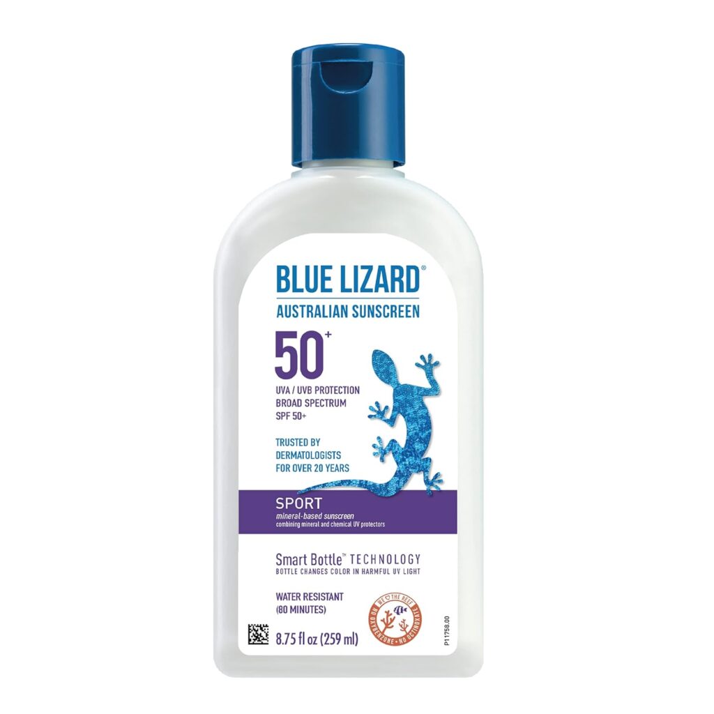 Blue Lizard Australian sunscreen bottle with white liquid and blue cap, SPF 50+ broad spectrum protection, featuring blue lizard logo, marketed as sport mineral-based sunscreen with Smart Bottle technology, water resistant for 80 minutes, 8.75 fl oz