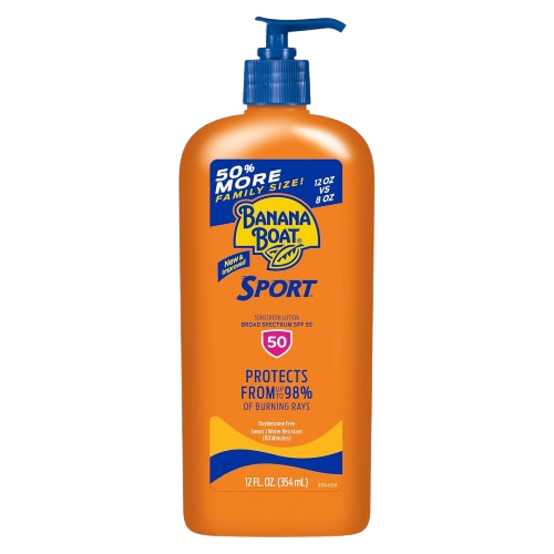 Banana Boat Sport SPF 50 sunscreen in a bright orange pump bottle, featuring 50% more family size with 12 oz. Offers protection from 98% of burning rays, making it one of the best sunscreens for runners who need long-lasting protection during outdoor workouts.