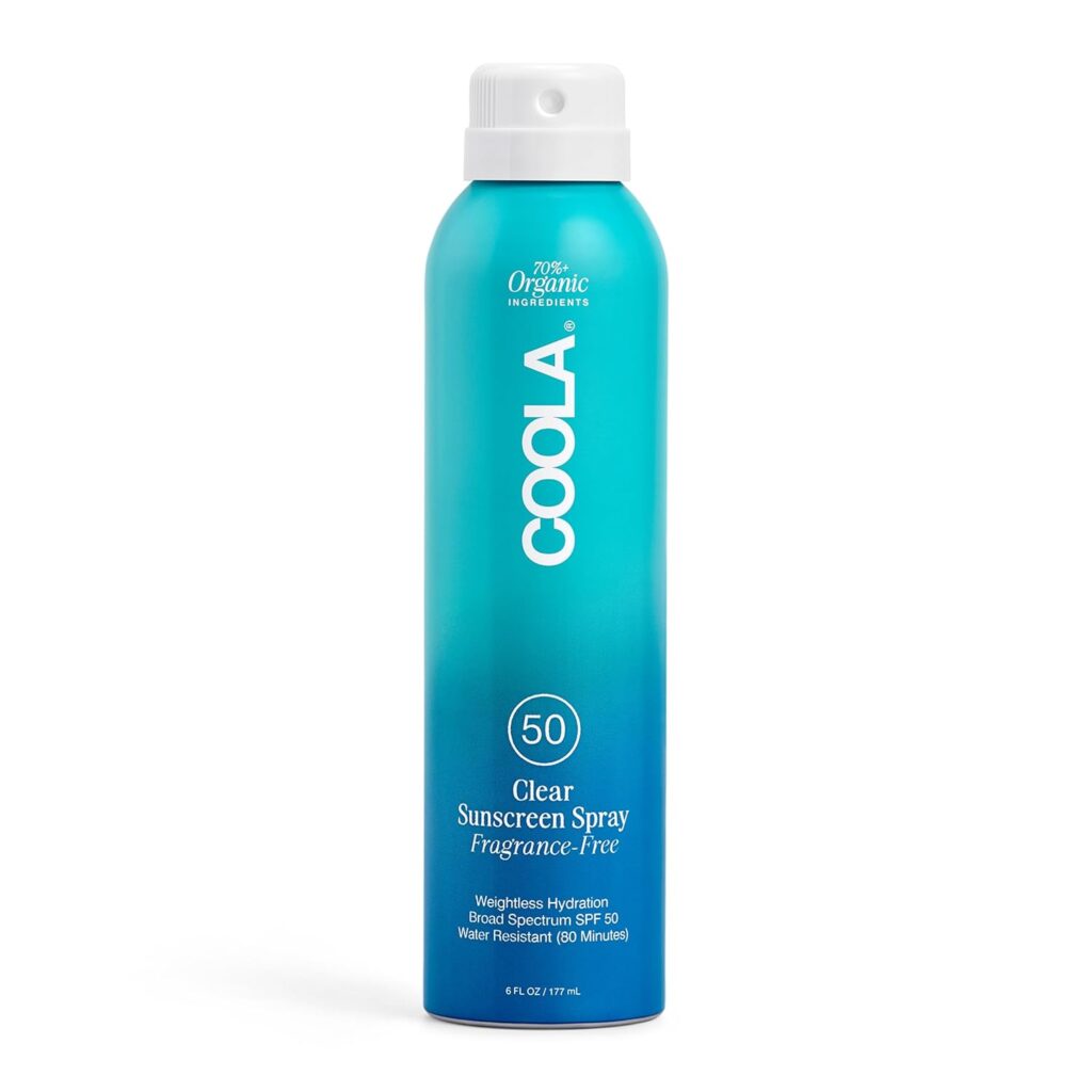 COOLA Clear Sunscreen Spray SPF 50 in turquoise aerosol can with white cap, featuring 70% organic ingredients label and fragrance-free formula for weightless hydration and water resistance