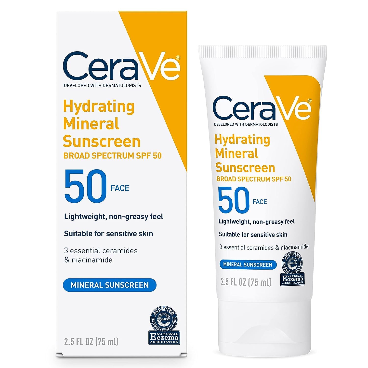 CeraVe Hydrating Mineral Sunscreen SPF 50 face lotion box in white and yellow packaging, featuring lightweight non-greasy formula with 3 essential ceramides and niacinamide, suitable for sensitive skin, 2.5 FL OZ.