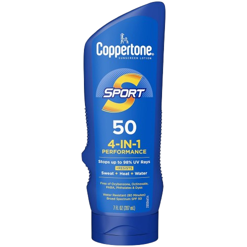 Coppertone Sport SPF 50 sunscreen in a blue squeeze tube featuring 4-in-1 performance. Stops up to 99% UV rays and resists sweat, heat, and water, making it one of the best sunscreens for runners needing protection during intense outdoor training.