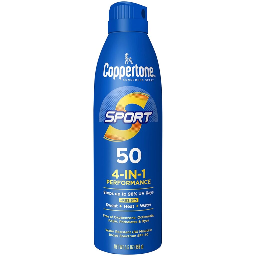 Coppertone Sport sunscreen spray in blue aerosol can, SPF 50 with 4-in-1 performance formula, claims to stop 98% of UV rays and resist sweat, heat, and water, broad spectrum protection, 5.5 oz net weight