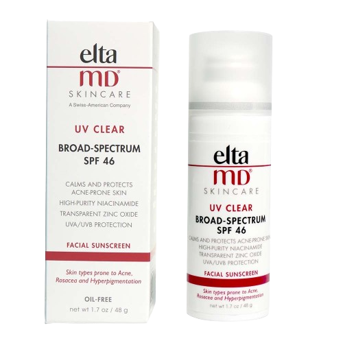 EltaMD UV Clear Broad Spectrum SPF 46 face sunscreen the best sunscreen for redheads in a white pump bottle, formulated to calm and protect skin prone to acne and rosacea with niacinamide and transparent zinc oxide finish, 1.7 oz net weight.