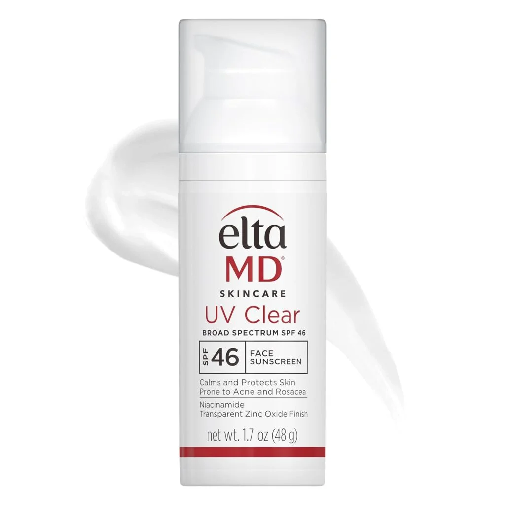 EltaMD UV Clear Broad Spectrum SPF 46 face sunscreen the best sunscreen for redheads in a white pump bottle, formulated to calm and protect skin prone to acne and rosacea with niacinamide and transparent zinc oxide finish, 1.7 oz net weight.