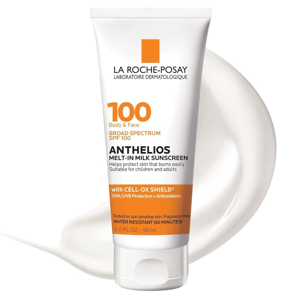 La Roche-Posay Anthelios Melt-In Milk Sunscreen SPF 100 tube in white packaging with orange accents, featuring broad spectrum protection and CELL-OX Shield technology, water resistant for 80 minutes, 3.0 FL OZ size.