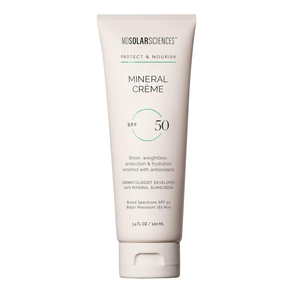 MDSolarSciences Mineral Creme SPF 50 sunscreen tube - dermatologist developed 100% mineral sunscreen with broad spectrum protection and 80-minute water resistance for golfers