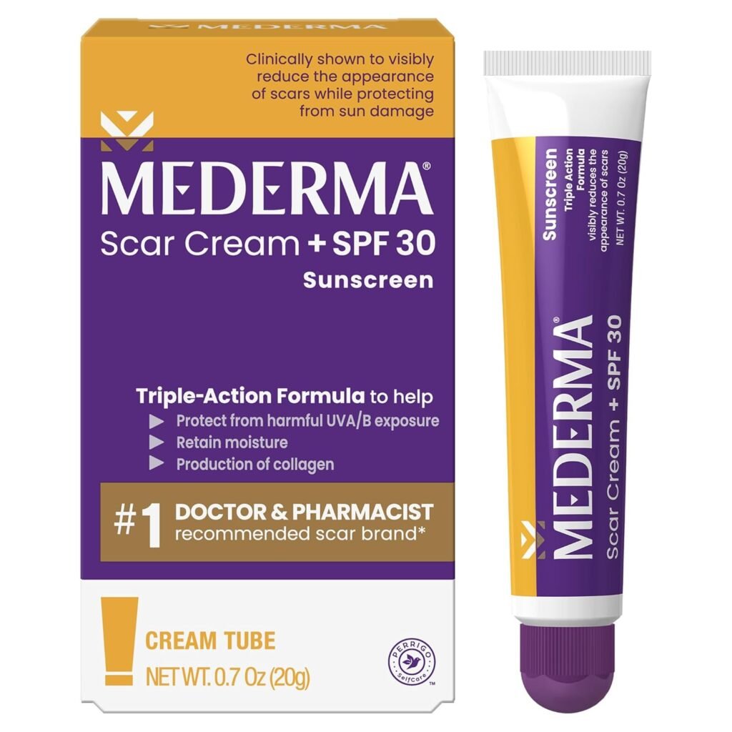 Mederma Scar Cream plus SPF 30 sunscreen with triple-action formula for scar reduction and UV protection, doctor recommended scar treatment
