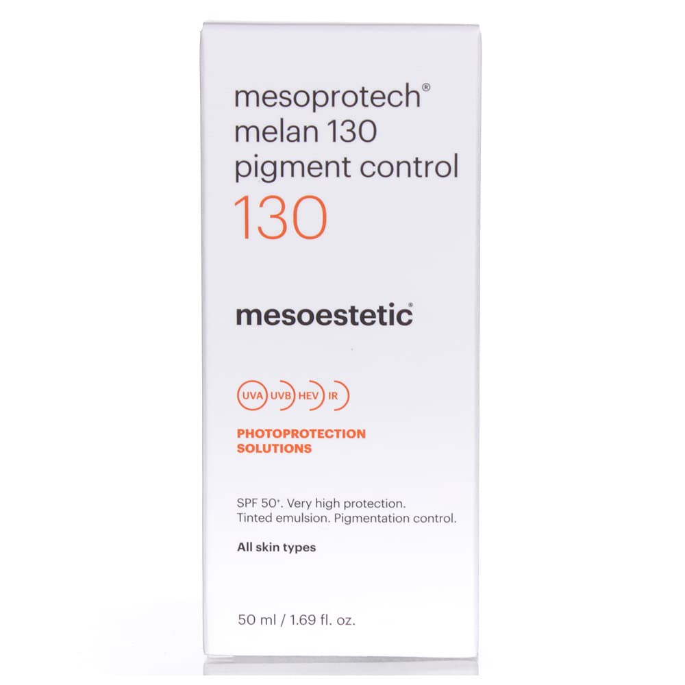 Mesoestetic Mesoprotech Melan 130 Pigment Control SPF 50+ sunscreen packaging box in white with orange accents, featuring UVA/UVB/HEV/IR protection symbols, tinted emulsion for pigmentation control, all skin types, 50ml/1.69 fl. oz.