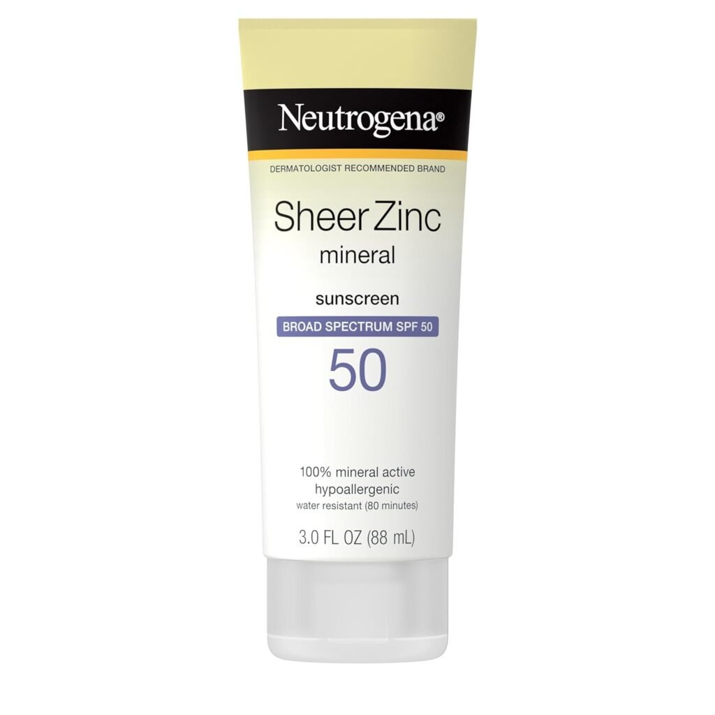 Neutrogena Sheer Zinc mineral sunscreen tube in cream and black packaging with yellow accents, broad spectrum SPF 50, 100% mineral active, hypoallergenic and water resistant for 80 minutes, 3.0 FL OZ size.