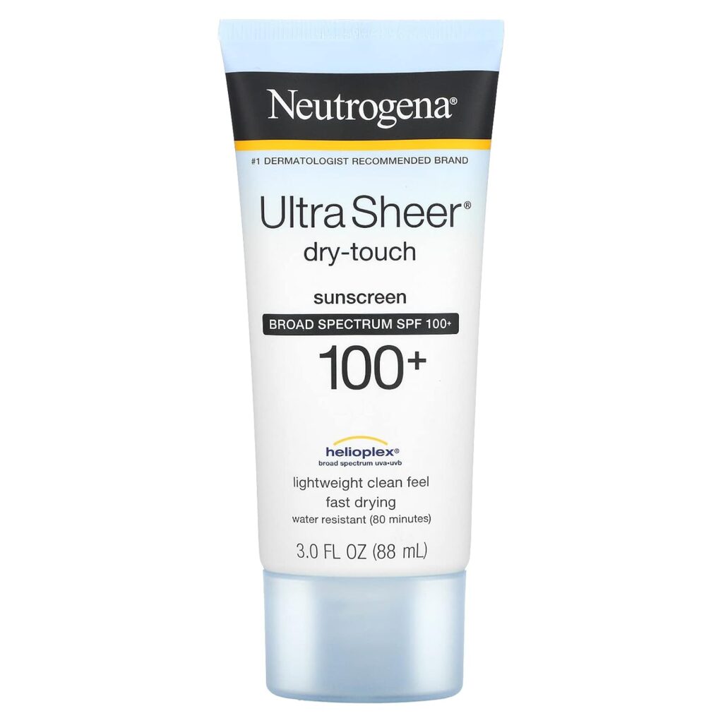 Neutrogena Ultra Sheer dry-touch sunscreen the Best Sunscreen for Construction Workers tube in white and light blue packaging, SPF 100+ broad spectrum protection with Helioplex technology, described as lightweight, fast-drying, and water resistant for 80 minutes, 3.0 fl oz size