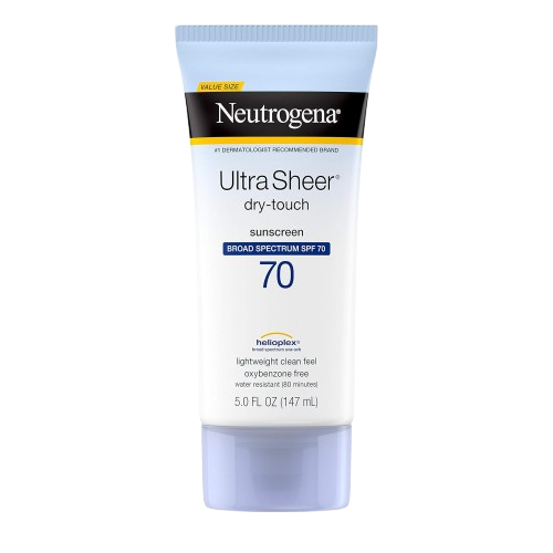 Neutrogena Ultra Sheer Dry-Touch SPF 70 sunscreen in a light blue tube. Features broad spectrum protection with Helioplex technology for a lightweight, clean feel that's oil-free, making it one of the best sunscreens for runners who prefer non-greasy formulas.