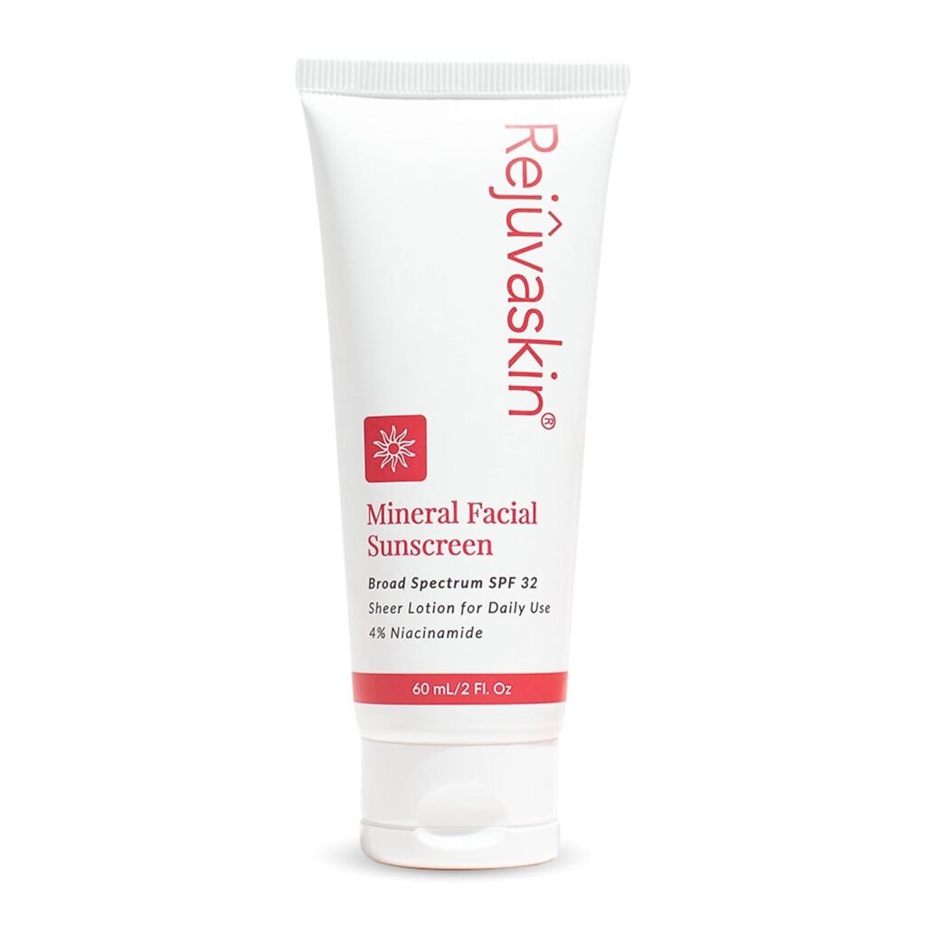 Rejuvaskin Mineral Facial Sunscreen SPF 32 broad spectrum sheer lotion with 4% niacinamide for daily scar protection
